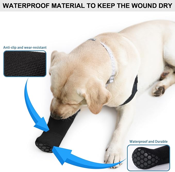 Dog Recovery Socks - Waterproof Paw Protectors with Non-Slip Sole | Post-Surgery Boots for Wound Protection | Anti-Licking Sleeves for Dogs (Black, M_Right)