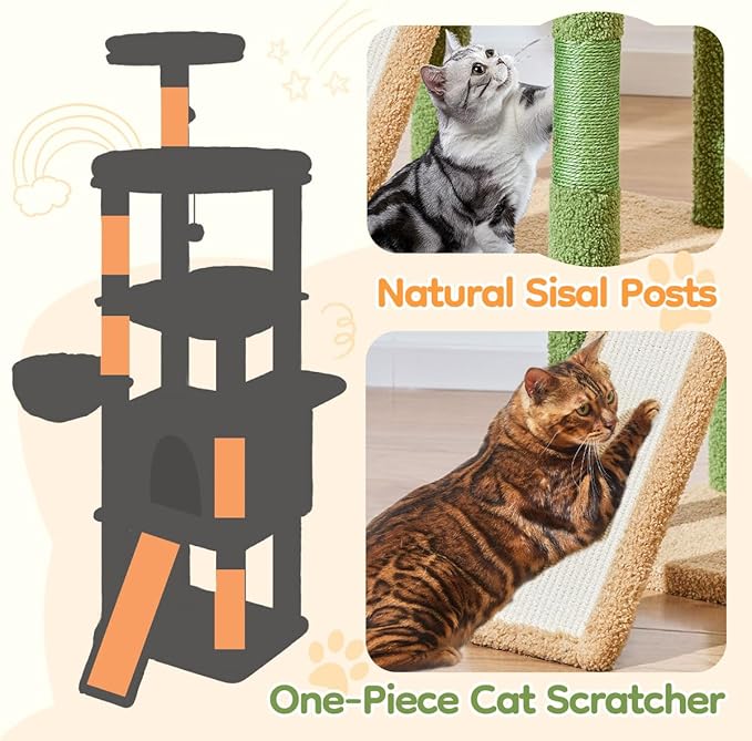 Taoqimiao 72 Inches Cat Tree for Large Cats, Multi-Level Tall Cat Tower, Widened Cat Condo with Large Scratch Board, 5 Scratching Posts, Metal Hammcock, Cozy Basket, Cactus, MS045T