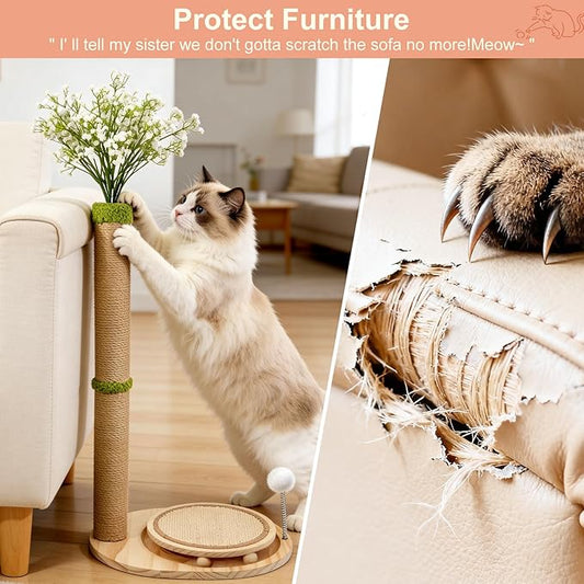 Cute Babys Breath Flower Cat Scratching Post,Tall Cat Tree, Interactive Cat Toys with Ball Track & Spring Ball, Cat Scratcher with Pad for Indoor Cats Adults and Kittens