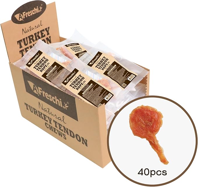 A Freschi srl Turkey Tendons for Dogs, Long-Lasting, Hypoallergenic Rawhide Alternative, Human Grade, Healthy Puppy Chews, Natural Dog Treats for Small Dogs, Lollipop (S), 40 Count Box