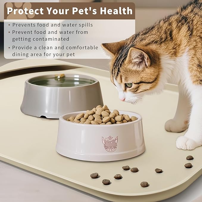 Silicone Pet Food Mat with Raised Edge for Food and Water Bowl, Dog Feeding Mats, Cat Food Trays for Floor Waterproof, Rubber Tray for Dogs and Cats, 17 x 12 x 0.7 Sand White (Yellow Cast)