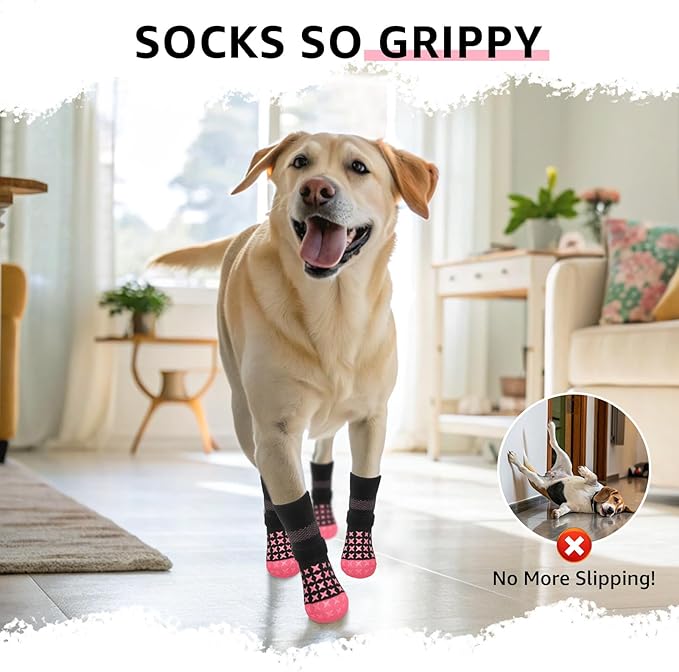 SCENEREAL Anti Slip Dog Socks to Prevent Licking Paws, Dog Booties & Paw Protectors for Hot Pavement Hardwood Floors, Traction Control for Small Medium Large Senior Dogs, Pink L
