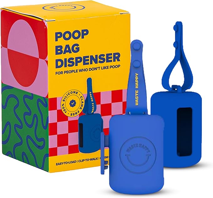 Dog Poop Bag Dispenser with 15 14" Bags Capacity – Blue Silicone Dog Poop Bag Holder for Leash | Durable, Portable & Refillable Waste Bag Case | Only Fits Waste Happy bags