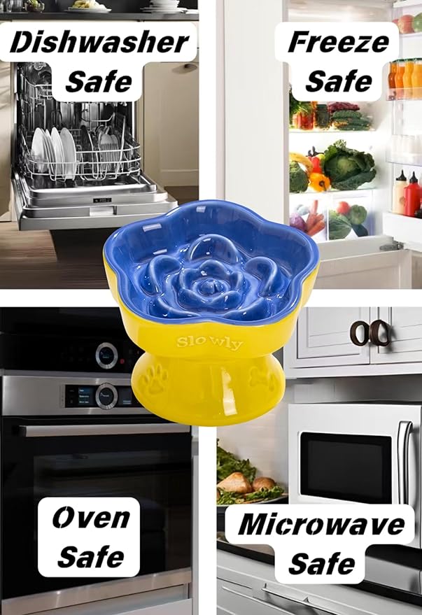 Ceramic Raised Slow Feeder Cat Bowl, Elevated Tilted Anti-Vomiting Pet Bowl for Cats & Small Dogs - Cute Flower Design, Non-Slip Base, Shallow Wide Dish for Dry/Wet Food (Blue, 5.8 Inch)