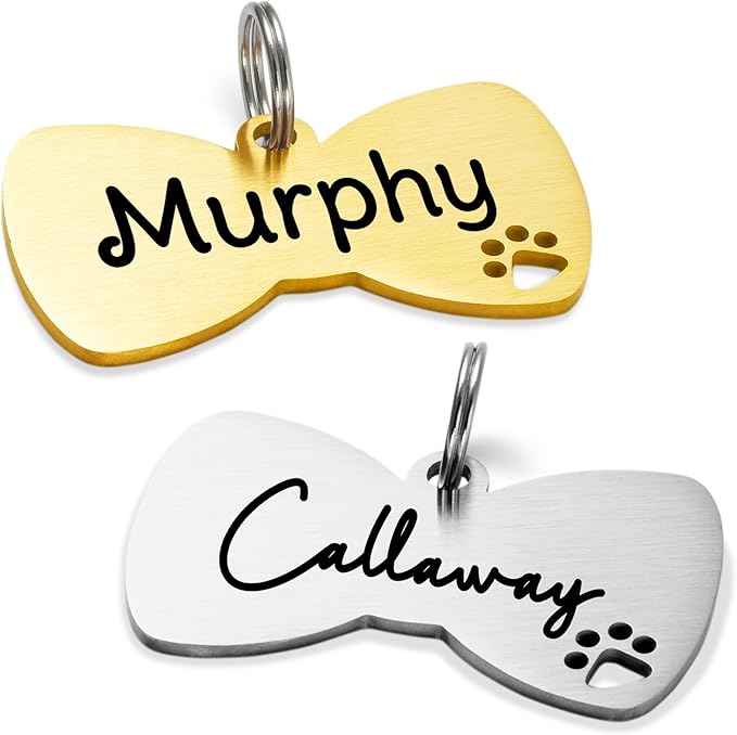 Ultra Joys Dog Tags Personalized for Pets - Hollow Paw Custom Pet ID Tag - Engraved Dog Tag for Small, Large Dogs - Small Bow Tie in Gold