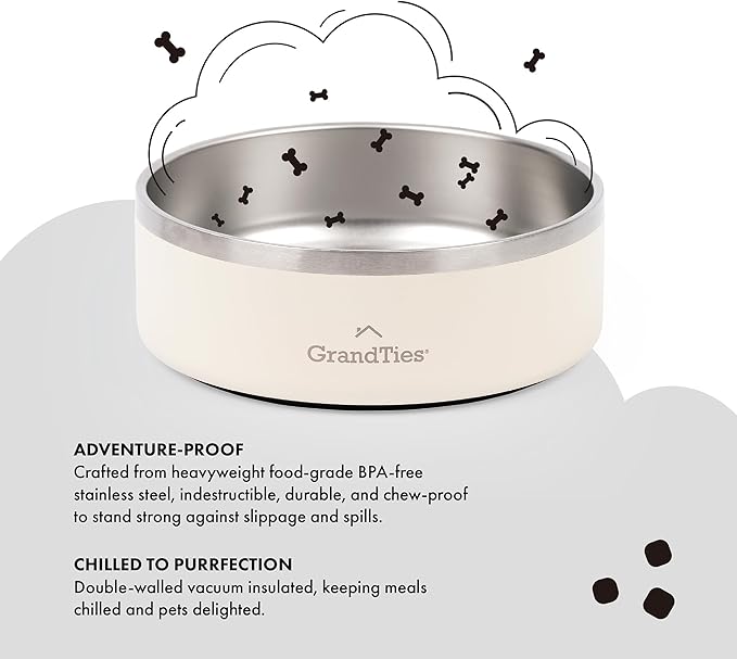 GrandTies Stainless Steel Engraved Pet Bowl | Reusable BPA-Free Insulated Pet Bowls | Large Heavy Duty Non Skid Spill Proof Dog Bowl | Outdoor Dog Water Bowl (24oz, Ivory White)