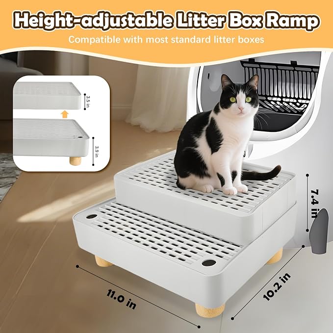 SpaceTime Elevated Cat Litter Trapping Mat for Litter Box,Detachable Cat Step/Ramp/Catcher with Wooden Base,Height-Adjustable Kitty Litter Pad for Floor & Indoor Cats,Non-Slip,Easy to Clean (Grey)