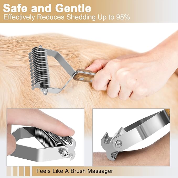 Dematting Comb for Dogs & Cats - Double-Sided Deshedding Dematting Grooming Tool, Undercoat Rake for Double Coat Dogs & Long-Haired Cats, Wooden Handle Large