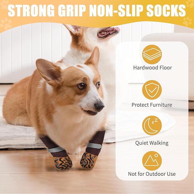 2 Pairs of Dog Socks to Prevent Licking Paws, Double Sides Non-Slip Dog Boots & Paw Protectors, Paw Dog Socks with Grippers for Senior Dogs on Hardwood Floor (Brown, Medium)