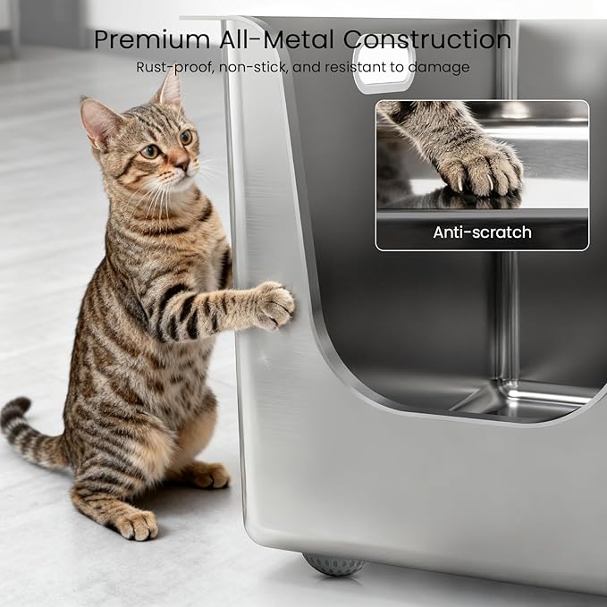 Stainless Steel Litter Box 13.6'' High Sides, XL Metal Cat Litter Box with Curved Low Entry, Cat Litter Pan for Big & Multiple Cats, Pet Toliet with Handy Wheels for Easy Moving