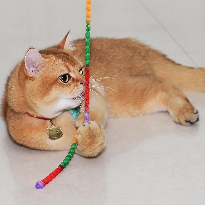 MeowAroma Interactive Cat Toys, 3 Pcs Cat Wand Toys for Indoor Kitten with Colorful Bead Shape Hemp Rope and Small Bell, Kitty Teaser String Toy for Indoor Cats to Chase and Exercise