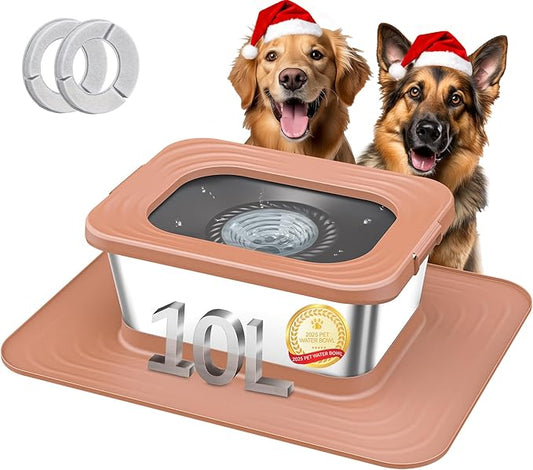 Decflow 10L Stainless Steel Dog Water Bowl, No Spill Anti-Splash Dog Bowls with XXL Silicone Mat, Spill-Proof Slow Feeder for Messy Drinkers, Heavy Duty Pet Bowls for Indoor/Outdoor Use Pink