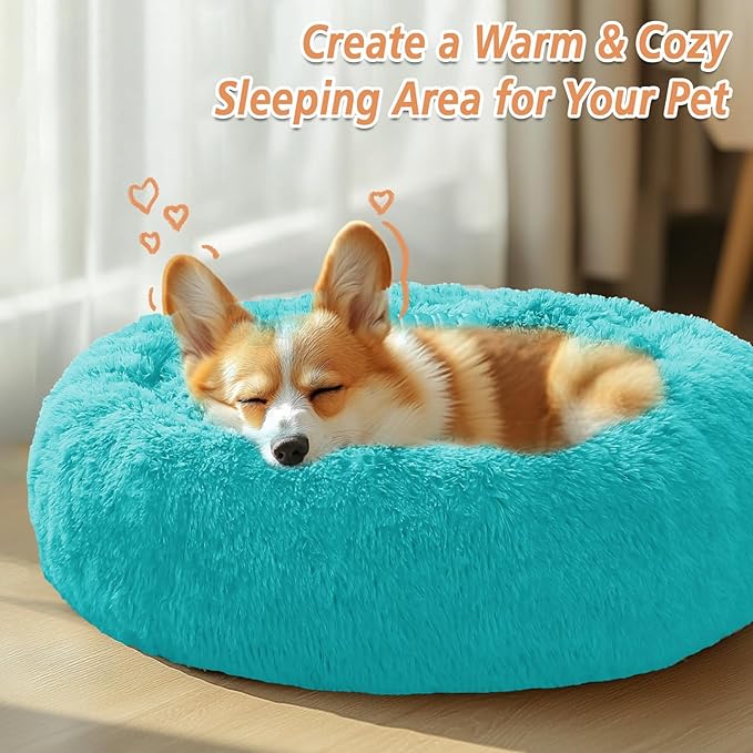 JOLLYVOGUE Calming Dog Bed Large Size Dog, Anti-Anxiety Donut Large Pet Bed, 36 inches Fluffy Faux Fur Round Cat Bed, Fits up to 75 lbs Pets (Aqua Blue)