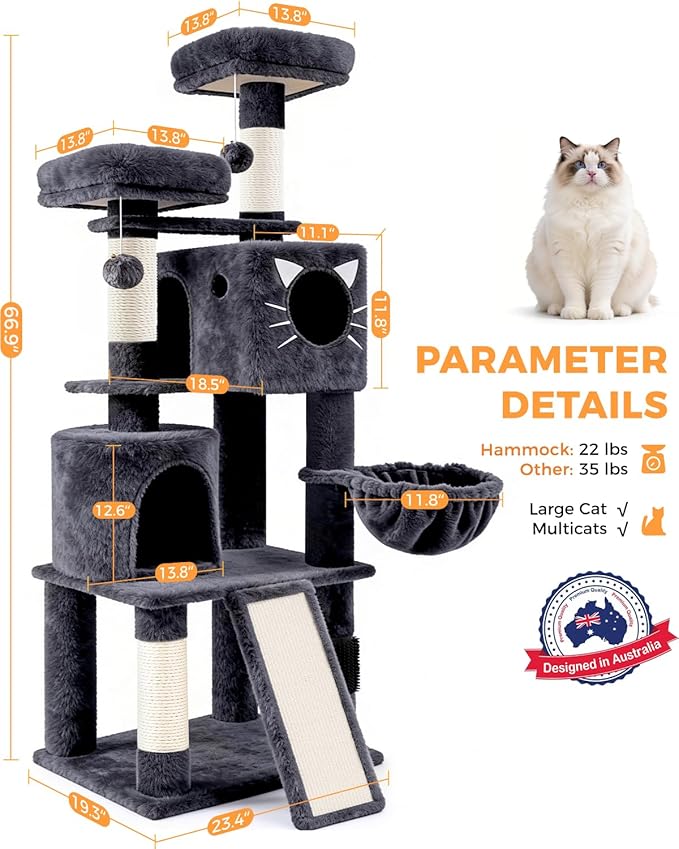 66in Multi-Level Large Cat Tree Tower for Indoor Cat/Kitties, Mordern Cat Tower with Sisal Scratching Posts, Condos and Hammock, Perches, Ramp for Climbing Heavy Duty