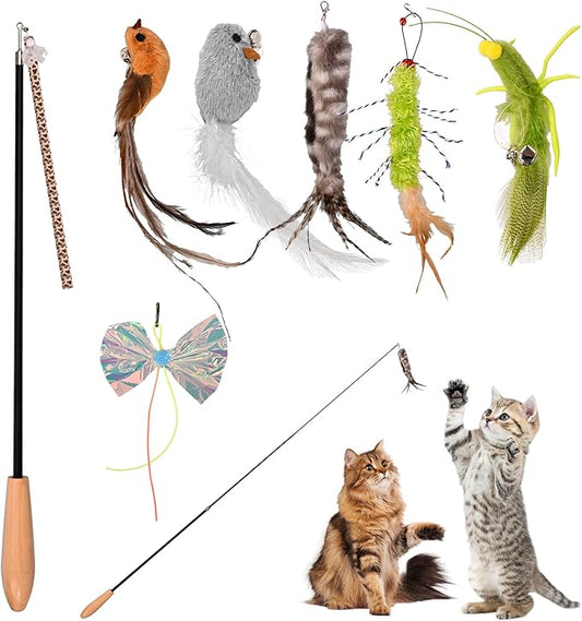 3 of Ni Cat Wand Toy with 8 Replaceable Attachments, Retractable 14.6 to 38.6 Inches, Wooden Handle, Interactive Teaser for Indoor Cats