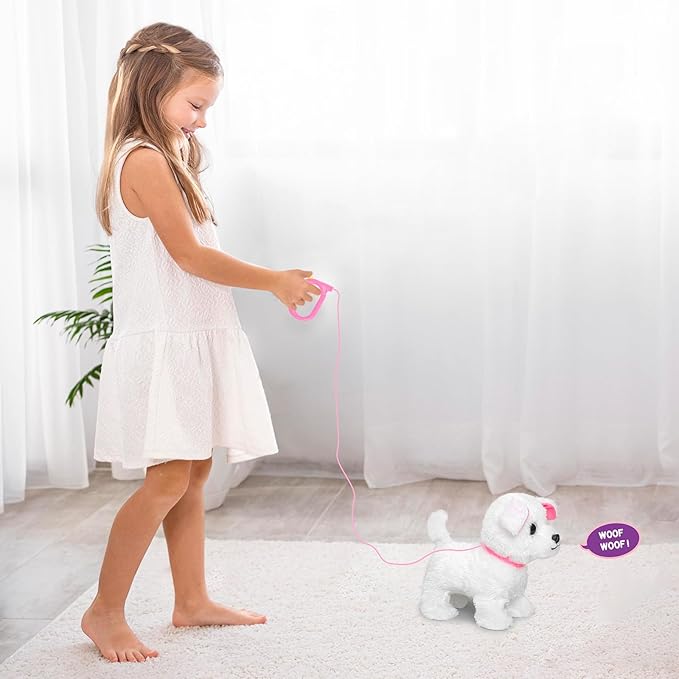YH YUHUNG Walking White Dog Toy with Leash, Fluffy Electronic Puppy That Walks, Barks & Wags Tail, Interactive Robot Pet Plush Animal, Gift for Girls & Boys 3-7 Years (White)
