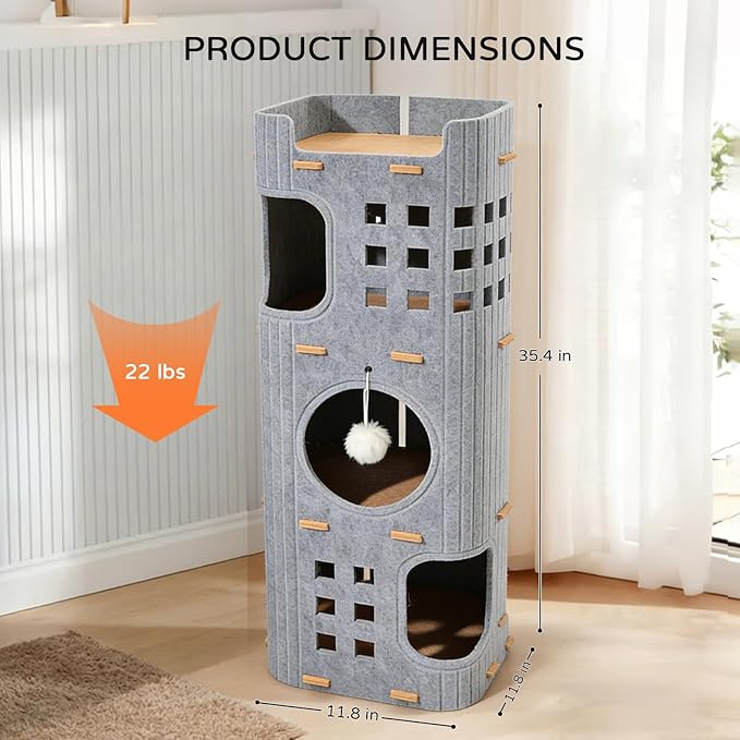 3 Storey Cat House for Indoor Cats,Foldable Large Cat Beds with Felt,Scratch Resistant,Cat Condos with Fluffy Balls,Cat Castle with Hideway Tunnel,Cat Playhouse for Multicats (Light Grey)
