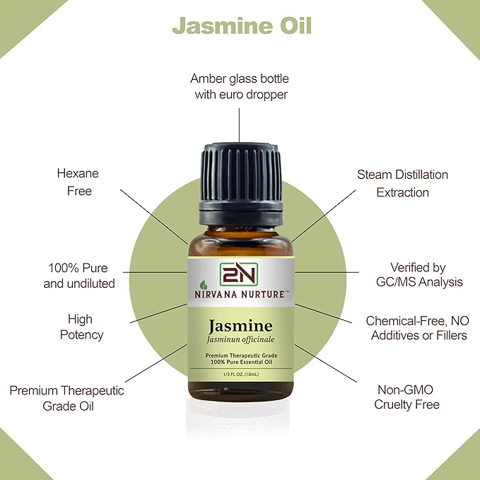Nirvana Nurture Jasmine Essential Oil 100% Pure Premium Therapeutic Grade, Undiluted - Aromatherapy Diffuser for Calm and Relaxation, Skin Care, Hair Care