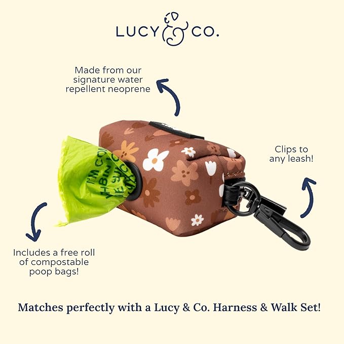 Lucy & Co. Chocolate Meadows Dog Poop Bag Holder - Leak Proof Dispenser - Hygienic Pet Poop Pickup (Brown & White Floral)