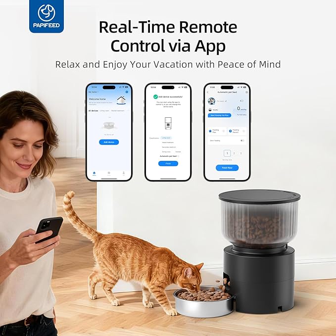 PAPIFEED Automatic Cat Feeder and Water Fountain, 3L/12 Cups 2.4G WiFi Pet Feeder with Stainless Steel Bowl, Smart APP Control for Remote Feeding, 1-12 Meals Per Day, Detachable for Easy Clean (Black)