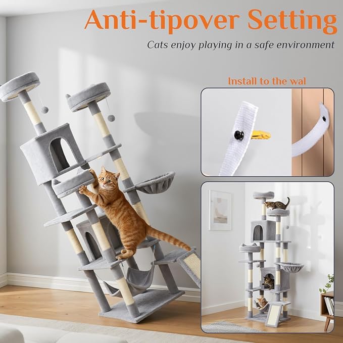 Large Cat Tree 75 Inch, Multi-Level Tall Cat Tree Tower with Condo, Perches, Sisal Scratching Posts Board and Hammock, Pet Play House with Dangling Balls for Indoor Cats, Light Grey