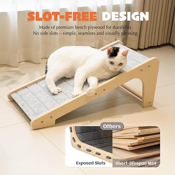 PETKARAY Felt Cat Scratcher, L Shaped Scratching Pad, Scratch Resistant Carpet Scratcher Ramp, Slot-Free Scratch Board with Toy Ball, Light Grey