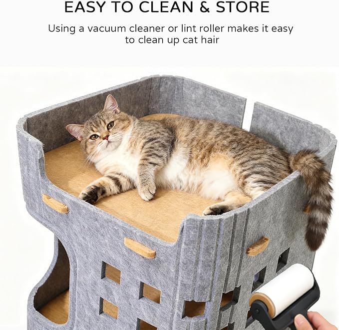 3 Storey Cat House for Indoor Cats,Foldable Large Cat Beds with Felt,Scratch Resistant,Cat Condos with Fluffy Balls,Cat Castle with Hideway Tunnel,Cat Playhouse for Multicats (Light Grey)