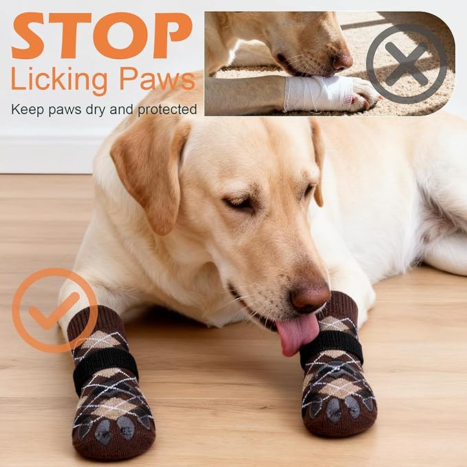 EXPAWLORER Dog Socks to Prevent Licking Paws,Dog Shoes for Hot Pavement,4 Pcs Double Sided Anti Slip Dog Socks with Grippers,Dog Booties for Small Medium Large Senior Dogs,British Style,Brown M