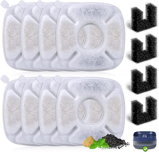 8 Pack Replacement Filters for 135oz/4L Dog Water Bowl Dispenser, BFLICROY Dog Water Filter Pet Water Fountain Replacement Filters, Cat Fountain Filter and 4Pack Pre-Filter Sponges