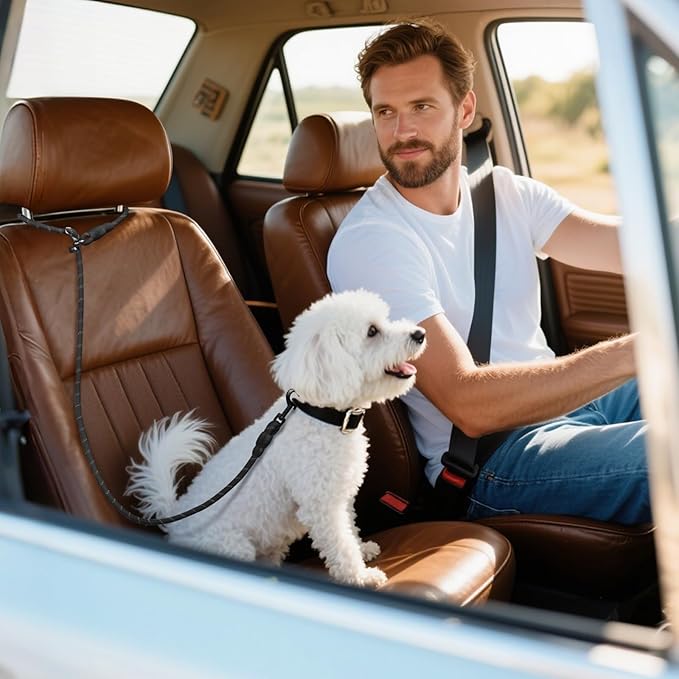 Pawaboo Dog Car Seatbelt, Dog Safety Harness for Car with Metal Clip Buckle, 360° No Tangle Adjustable Vehicle Safety Belt Leash for Pet, Dogs Vehicle Headrest Restraint with Reflective Strips, Black