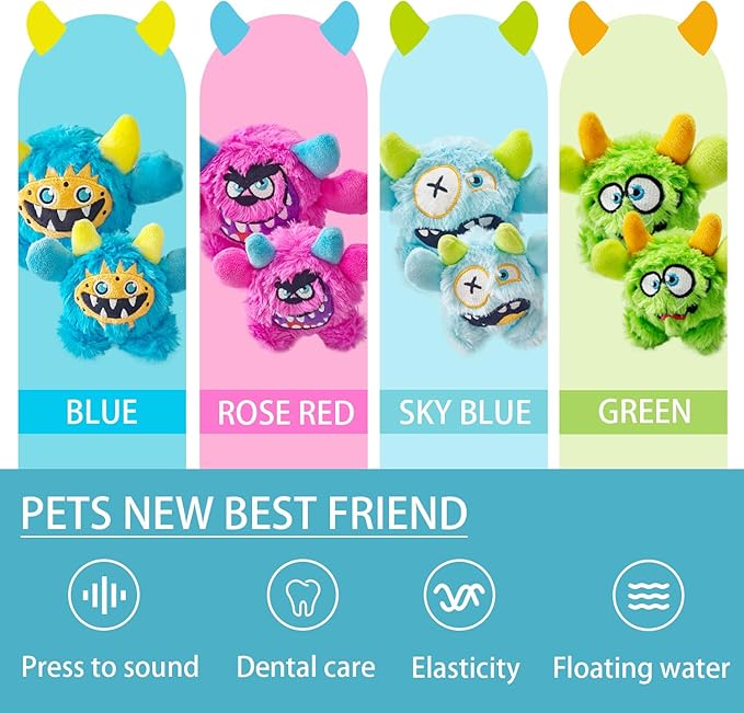 FCCUM Plush Squeaky Dog Toy Ball, Chew Guard, Soft and Comfortable, Training and Companionship, Little Monster Puppy Toys Suitable for All Breeds, (Blue, Small)