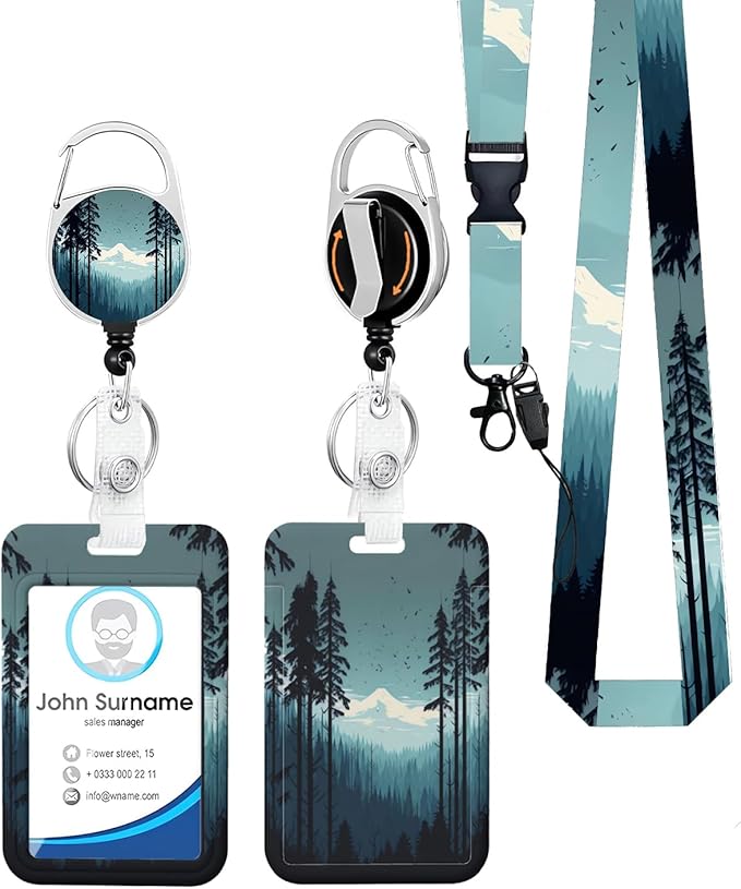 with ID Card Holder Caregiver Worker, Office School Lanyard Key Ring Mountain and Tree Name Tag Retractable Heavy Duty Badge Reel Clip Vertical ID Card Protective Case