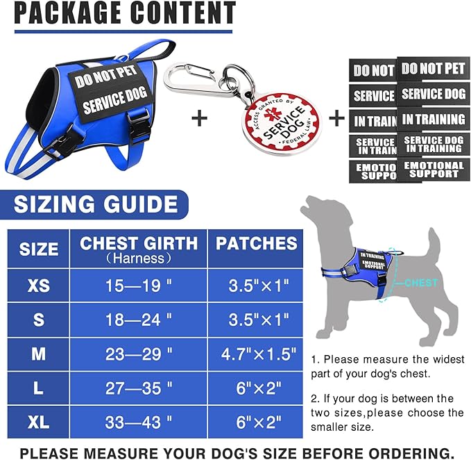 Service Dog Vest Harness+ID Tag+10 Patches,Metal Serivce Dog Tag&Reflective Emotional Support Dog Vest with Handle for Large Dogs,Easy Put On/Off for Training/Walking/Everyday Blue L
