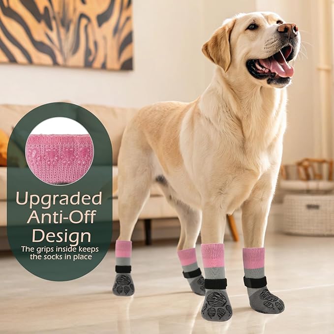 EXPAWLORER Anti Slip Dog Socks to Prevent Licking Paws, Dog Shoes for Cold Winter, Dog Booties for Hardwood Floors, Dog Boots & Paw Protectors with Grippers for Small Medium Large Senior Dogs Pink S