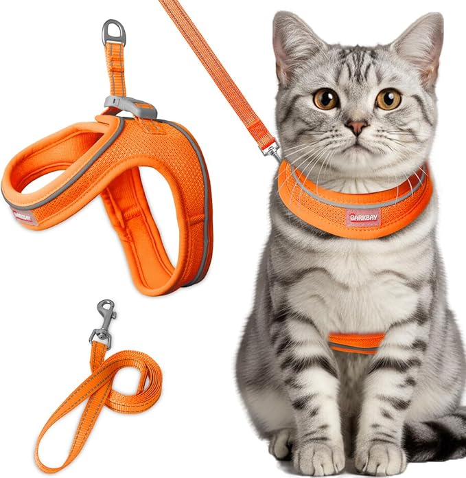 Cat Harness and Leash Set,Escape Proof Kitten Harness,Step in Adjustable Soft Lightweight,Easy Control,Reflective Strips Comfortable for Walking Travel(Orange,M)