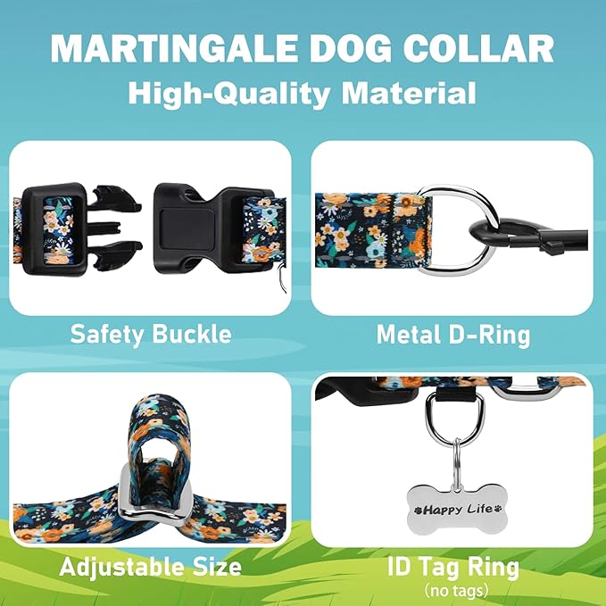 Reflective Martingale Dog Collar with Buckle Soft Nylon Floral No Slip Dog Collars for Medium Dogs (Black Orange Flowers, M)