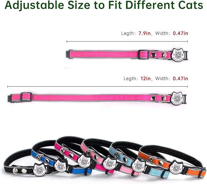 Cat Collar with Bells Reflective Cat Collars Breakaway with Oxford Cloth Soft Padding Adjustable Kitten Collar with QR Code（Hotpink）