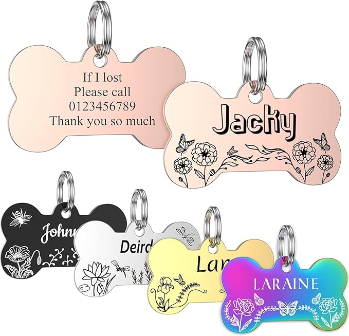 Dog Tags Engraved Pet - GISUREY Dog Tag with 2 Spilt Rings - Stainless Steel and Double-Sided Engraving - Personalized Dog Cat Name Tag with Various Designs, Bone Floral