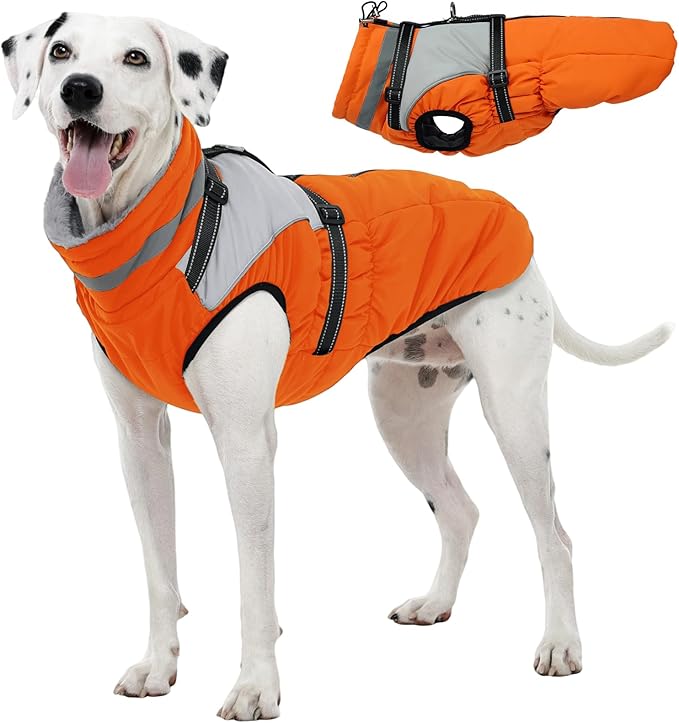Kuoser Dog Coat, 2 in 1 Dog Jacket with Harness Built in, Winter Waterproof Puppy Puffer Jacket Snowsuit for Small Medium Large Dogs, Cold Weather Reflective Pet Fleece Hunting Vest with Zipper