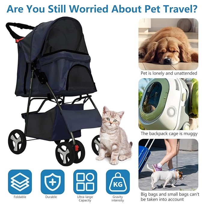 Pet Stroller 4 Wheels Dog Cat Stroller for Medium Small Dogs Cats, Folding Cat Jogger Stroller with Storage Basket & Breathable Mesh, Easy to Walk Travel Carrier