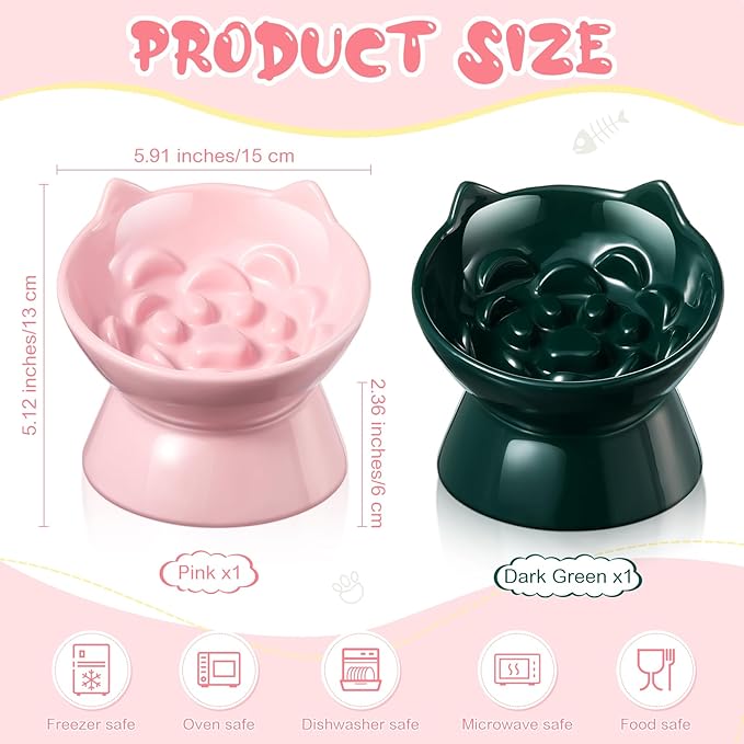 2 Pcs Ceramic Elevated Slow Feeder Cat Bowl Cute Tilted Anti Vomiting Raised Cat Bowl for Dry Wet Food and Water Easy to Clean High Edge Pet for Small Dogs(Dark Green, Pink)