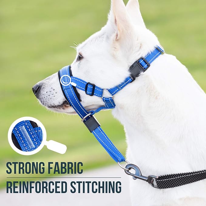 GoodBoy Dog Head Halter with Safety Strap - Stops Heavy Pulling On The Leash - Padded Headcollar for Small Medium and Large Dog Sizes - Head Collar Training Guide Included (Size 3, Blue Nylon)