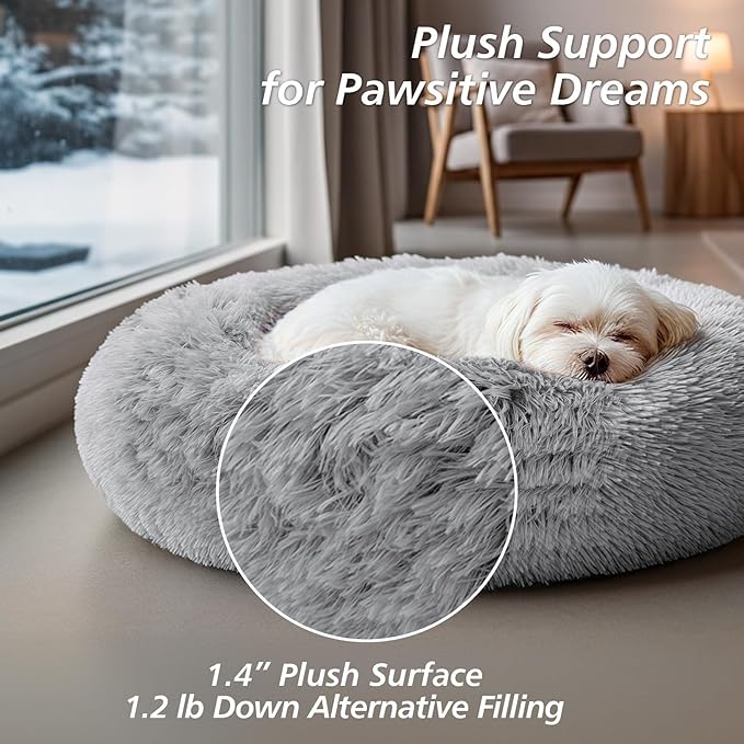 JOLLYVOGUE Calming Small Dog & Cat Bed for Indoor Cats - 20 inches Washable Donut Dog Bed for Kittens & Puppies, Anti-Anxiety Round Fluffy Plush Pet Beds (Fits up to 15 lbs, Grey)