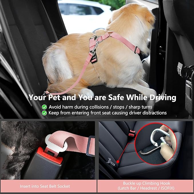 VavoPaw Dog Seat Belt, Safety Vest Dog Car Harness with Adjustable Buckle Dog Seat Belt for Vehicle Nylon Pet Safety Seat Belts Heavy Duty(XL, Pink Daisy)