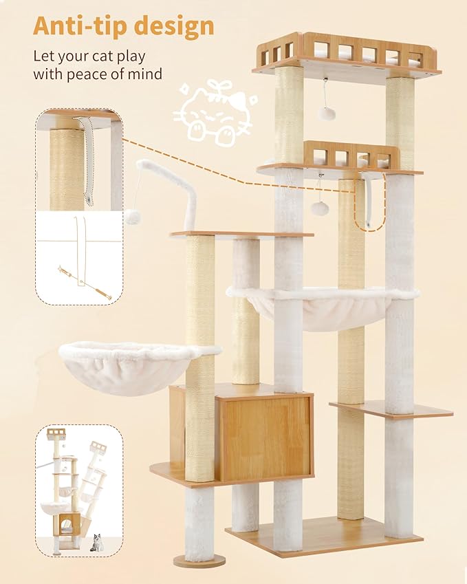 Heybly Cat Tree, 70.5 Inch Wood Tall Cat Tower for Large Indoor Cats with Extra Stable Structure, Modern Cat Furniture with All-Sisal Scratching Posts, Cat Condo & Hammocks, Walnut HCT121WB
