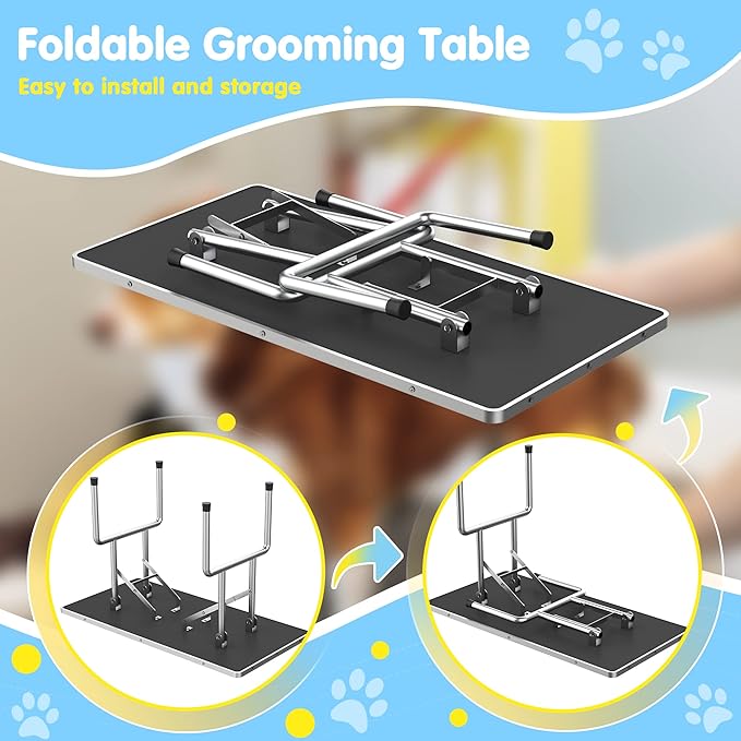 Lyromix 46''Large Dog Grooming Table, Adjustable Cat Drying Desktop with Arms, Nooses, Mesh Tray, Foldable Pet Station at Home, Maximum Capacity Up to 330Lb, 46inch, Black, 46in