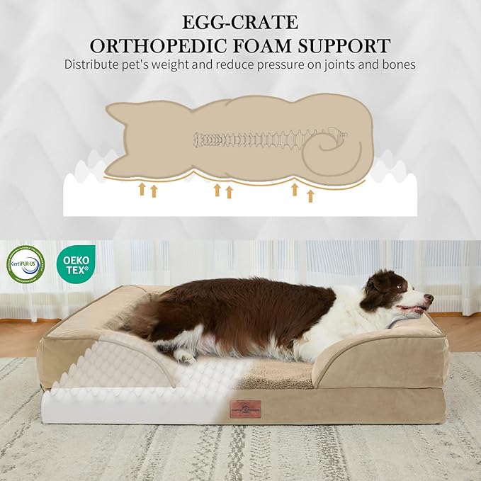 Comfort Expression Orthopedic Dog Bed for Small Dogs 24x16 Inch, Waterproof Supportive Egg Crate Foam Small Pet Bed with Removable Bolster, Dog Couch with Washable Cover & Non-Slip Bottom, Light Brown