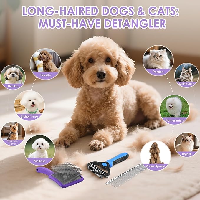 Large Slicker Brush for Dogs – 3pc Grooming Kit with Undercoat Rake & Comb, Deshedding Pin Brush for Mats & Shedding on Long-Haired & Double-Coated Dogs, Cats, Poodles & Goldendoodle, Purple