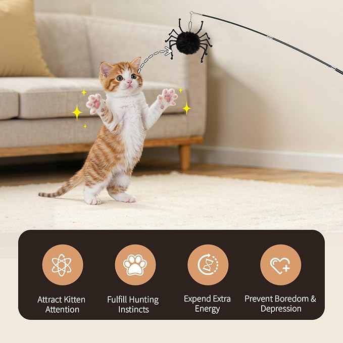 4-in-1 Interactive Cat Toys for Indoor Cats, Retractable Cat Wand Toy with Feather, Crinkle Paper Refills, Kitten Toys Teaser Wand for Bored Indoor Adult Cats and Kittens