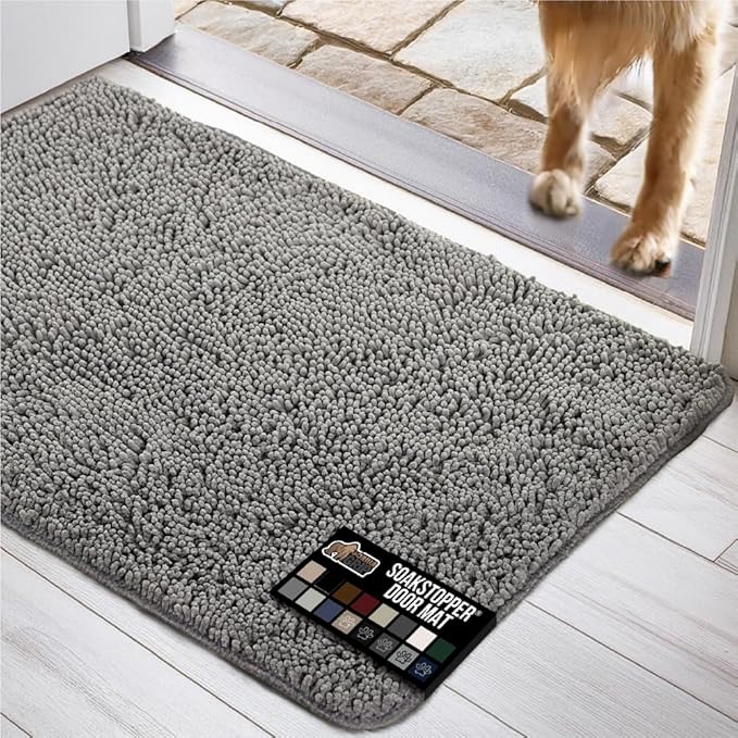GORILLA GRIP SOAKSTOPPER Dog Door Mat, 36x24 Machine Washable Rug Absorbent Doormat Captures Moisture Mud Dirt, Quick Dry Soft Chenille Entryway Rugs Indoor Entrance Mats for Dog Paws, Gray